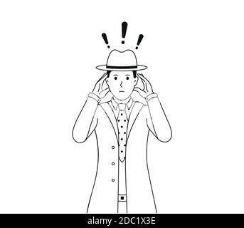 The sad detective holds his head. A man dressed in a suit and hat. Vector illustration of a man who has a headache or is tired isolated on white backg Stock Vector