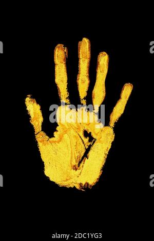 Golden human hand print black background isolated close up, shiny gold ...