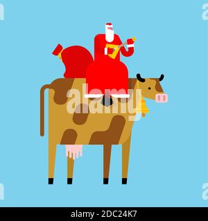 Santa Claus riding cow. 2021 New year symbol of bull Stock Vector