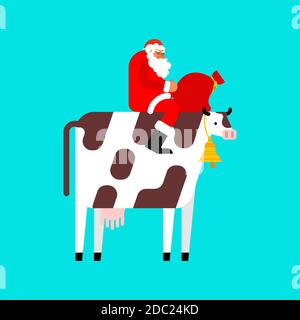 Santa Claus riding cow. 2021 New year symbol of bull Stock Vector