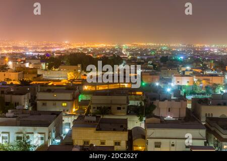 Aerial night view with neon light of Riyadh with buildings in the downtown of Riyadh, Saudi Arabia Stock Photo