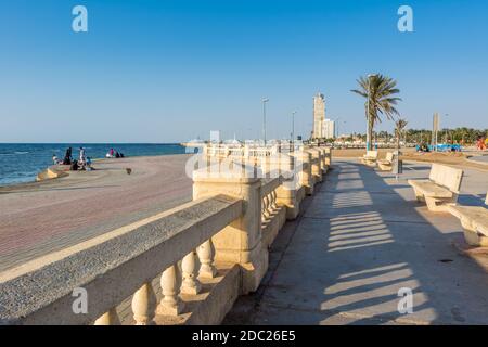 Stone road of Jeddah Corniche, 30 km coastal resort area of Jeddah city with coastal road, recreation areas, pavilions and civic sculptures in Jeddah, Stock Photo