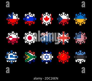 Set of coronavirus in countries of world Part 1. Microbe COVID-2019 in flag. World epidemic. Pandemic. Country in lockdown. Stock Vector