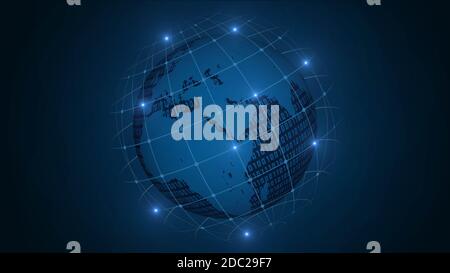 Abstract blue binary world map on polygonal space background in a grid sphere with connected points and lines. Global business or internet concept Stock Photo