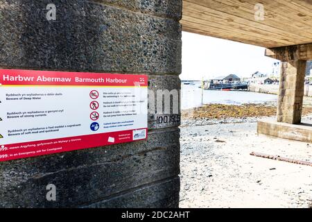 Barmouth Harbour sign, Barmouth Harbour RNLI sign, Barmouth Harbour rules, Harbwr Abermaw, Barmouth Harbour, Barmouth Harbour Wales, harbor, Barmouth Stock Photo