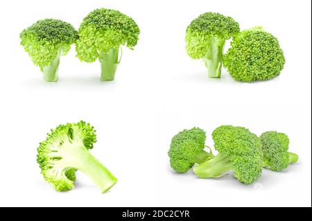 Collage of fresh head of broccoli isolated on a white background cutout Stock Photo