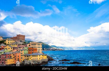 GENOA, ITALY - CIRCA AUGUST 2020: Boccadasse marina panorama, village on the Mediterranean sea with colourful houses. Stock Photo