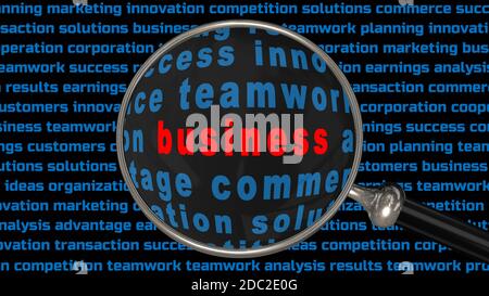 business - red lettering shown in a magnifying glass in front of a black screen filled with keywords from the business world in blue color Stock Photo