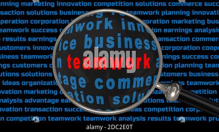 teamwork - red lettering shown in a magnifying glass in front of a black screen filled with keywords from the business world in blue color Stock Photo
