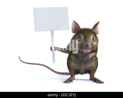 3D rendering of a cute mouse standing up on two legs and holding a blank sign in its hand or paw. White background. Stock Photo