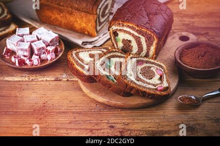 Romanian traditional sweet bread with cocoa and Turkish delight Stock Photo