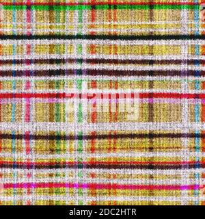 Variegated multicolor tapestry plaid woven texture. Space dyed watercolor effect knit check background. Fuzzy thin grungy textile material. Tufted Stock Photo