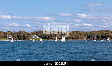 group of small sail boats sailing in Dering Harbor, Shelter Island, NY Stock Photo