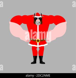Santa bull Strong Cool serious. Christmas Cow smoking cigar emoji. New Year strict. Vector illustration Stock Vector