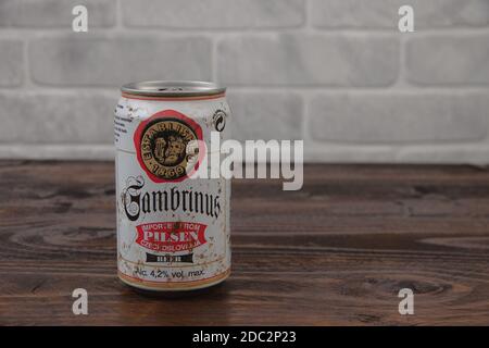 An old aluminium can of Gambrinus Czech Republic beer against the brick wall Stock Photo