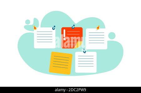 Deadline and time management business concept vector. To do cards attached to wall board using pins, cartoon illustration isolated on white background Stock Vector