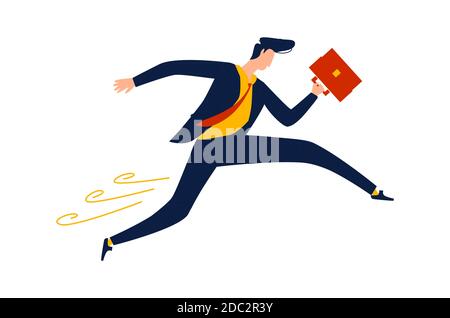 Business - running overcoming obstacles, concept vector cartoon illustration. Businessman in office suit with briefcase in hand runs and jumps, metaphor about enterprise Stock Vector