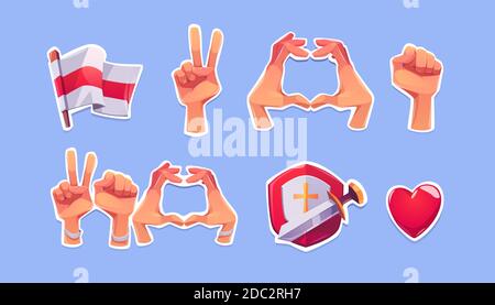 Belarus opposition symbols on stickers. Vector cartoon icons of white-red-white flag, heart, fist and victory hand gestures, shield with sword and red heart. Signs of protest and support Belarus Stock Vector