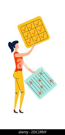 Deadline and time management business concept vector. Company worker woman hold in hand to do task card or schedule, effective planning Stock Vector