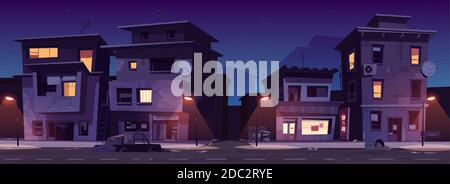 Ghetto street at night, slum ruined abandoned old buildings with glowing windows. Dilapidated dwellings stand on roadside with street lamps, car body and scatter litter cartoon vector illustration Stock Vector