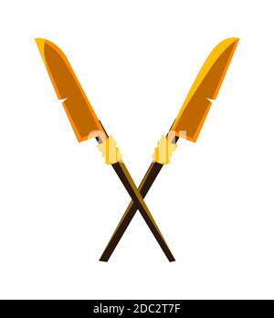 Ancient crossed spears or halberds cartoon vector icon. Antique weapon with wooden polearms or shafts and yellow metal blades crossed and isolated on white background, illustration for game design Stock Vector