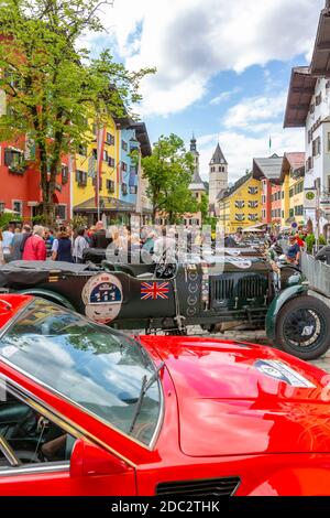 View of vintage car rally Vorderstadt, Kitzbuhel, Austrian Tyrol Region, Austria, Europe Stock Photo