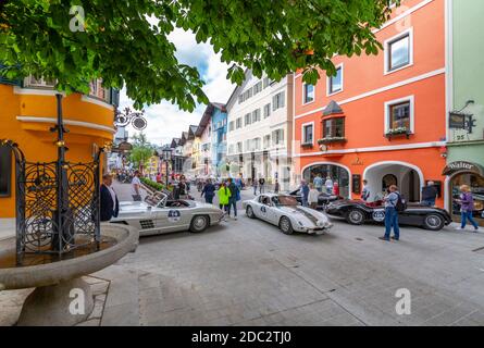 View of vintage car rally Vorderstadt, Kitzbuhel, Austrian Tyrol Region, Austria, Europe Stock Photo