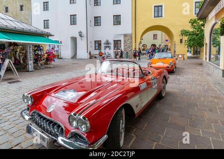 View of vintage car rally Vorderstadt, Kitzbuhel, Austrian Tyrol Region, Austria, Europe Stock Photo