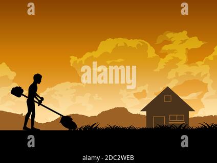 silhouette design of man is mowing lawn,vector illustration Stock Vector