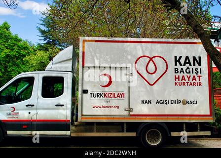 Ankara Turkey. May 2017. Turkish Red Crescent (Kizilay) blood donation team vehicle parked in METU university campus. Stock Photo