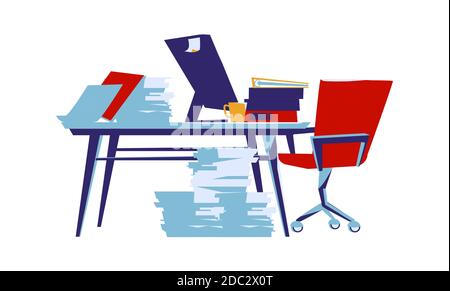 Office interior isolated on white background cartoon vector illustration. Workplace with table, computer, armchair, task cards glued to monitor, coffee cup Stock Vector