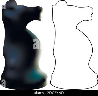 3d and line black wooden knight, piece, icon, chess figure, isolated on white background vector. Stock Vector
