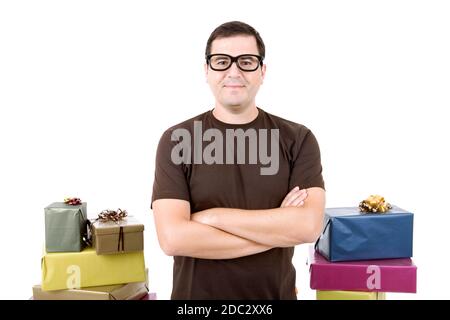 happy silly salesman with some boxes, isolated on white Stock Photo