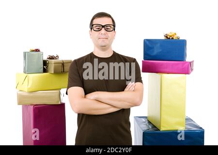 happy silly salesman with some boxes, isolated on white Stock Photo