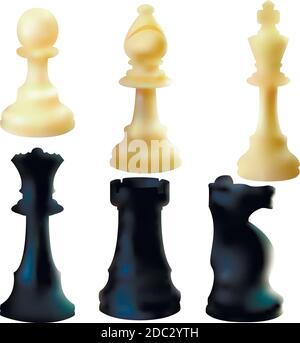 Set of white and black chess pieces in 3D style on white background. Vector illustration. Stock Vector