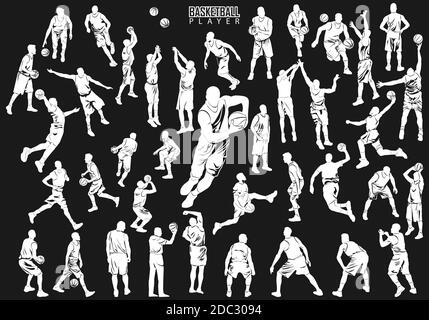 Detailed silhouettes Basketball players. Vector set of white silhouettes Stock Vector
