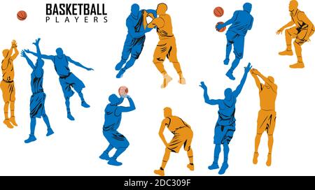 Basketball Players. Game situation: attack, fight, throw, protection Vector set of colored silhouettes Stock Vector