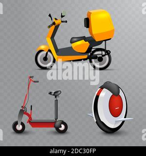 Realistic youth city transport set on transparent background. Kick scooter, mono wheel and bike. Modern alternative city transport. Ecological Stock Vector