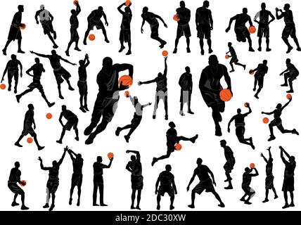 Vector set of Basketball players black silhouettes with orange balls Stock Vector