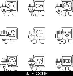 Different power outlets linear icons set Stock Vector