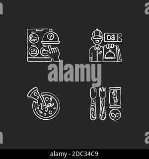 Restaurant delivery service chalk white icons set on black background Stock Vector