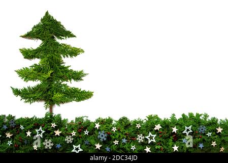 Christmas Tree With Copy Space. Christmas Tree Is Made Of Fir Branch. Blue Stars Christmas Decoration And Ornament With White Isolated Backround Stock Photo