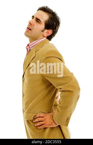 young man suffering from back pain, isolated on white Stock Photo