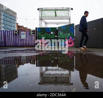 Prior to level 4 lockdown Festival Village beer garden in  Merchant City closed and doors chained shut, Scotland, UK Stock Photo