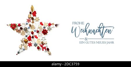 Christmas Star Build Of Vairous Christmas Decoration And Ornaments. German Text Frohe Weihnachten Und Ein Gutes Neues Jahr Means Merry Christmas And A