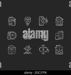 Smart house chalk white icons set on black background Stock Vector