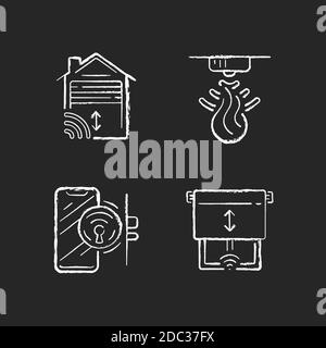 Remote home control system chalk white icons set on black background Stock Vector