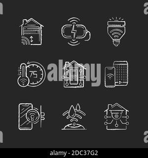 Smart home chalk white icons set on black background Stock Vector