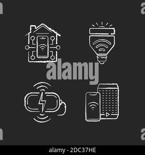 Remote wifi access to different devices chalk white icons set on black background Stock Vector