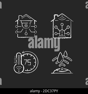 Securing your smart home chalk white icons set on black background Stock Vector